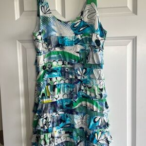 Fashque Studio Sleeveless Floral & Abstract Ruffle Dress in Blue and Green